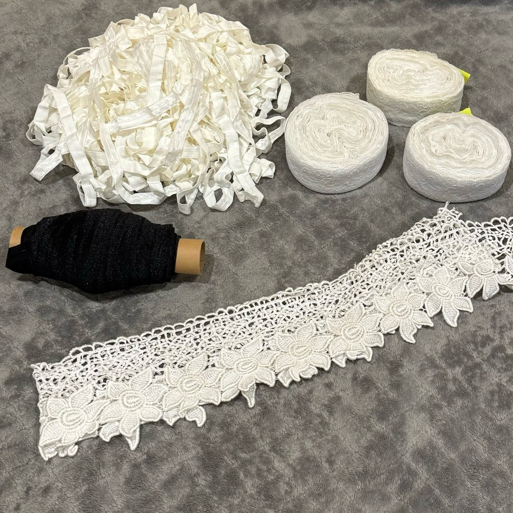 Bundle of vintage White Lace Trim and black woven stretch for sewing